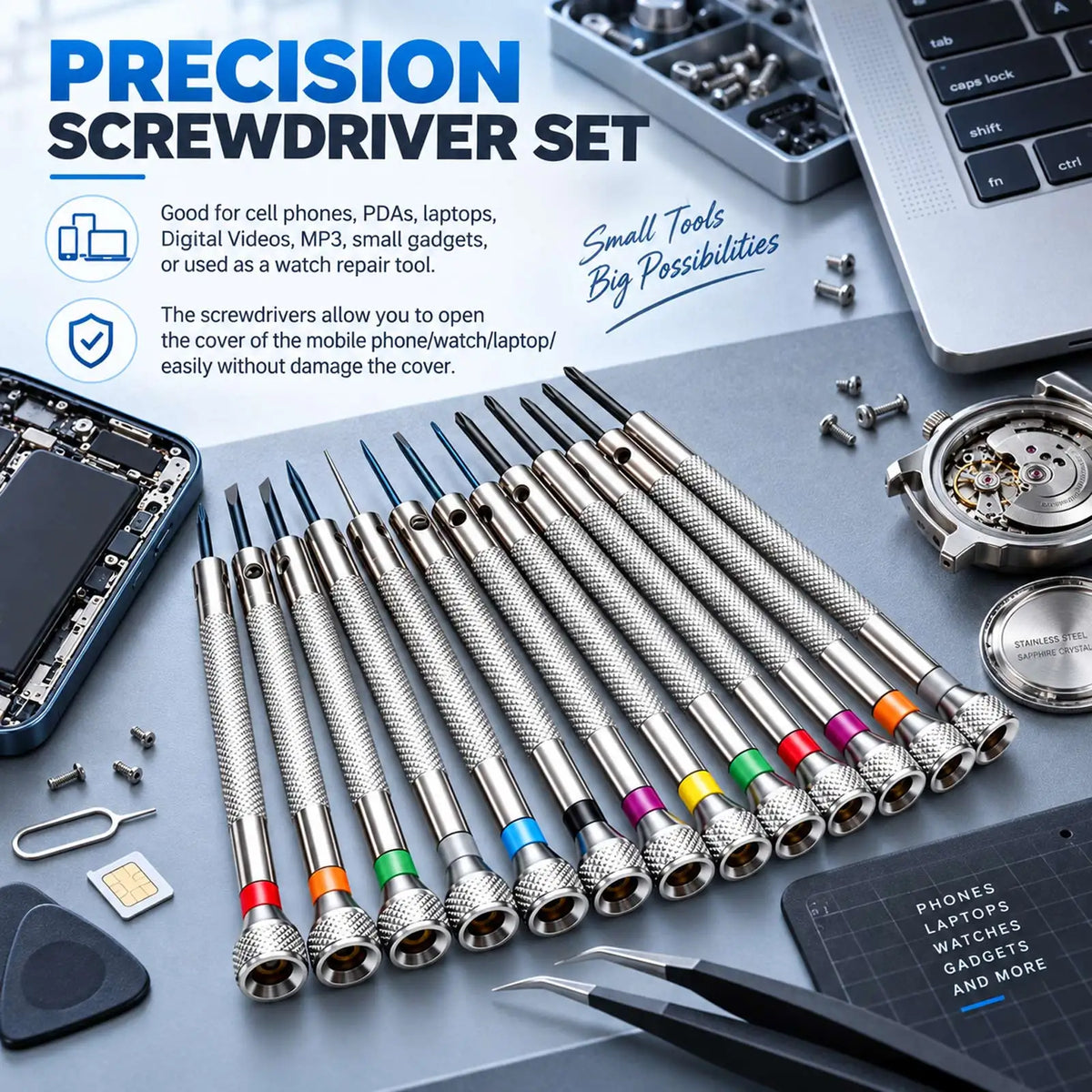 13PCS Metal 0.6-2.0mm Professional Slotted Cross Screwdriver Set for Watchmaker Watch Repair Screwdriver Tools Kit