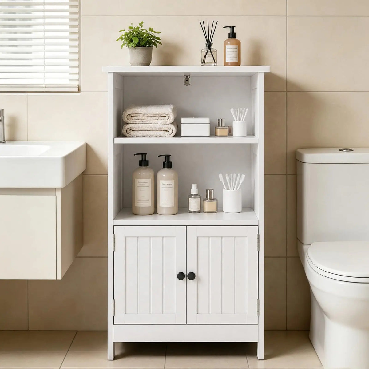 Freestanding Narrow Storage Cabinet with Doors, Adjustable Shelves Slim Floor Organizer for Bathroom or Entryway, Toilet Paper Storage