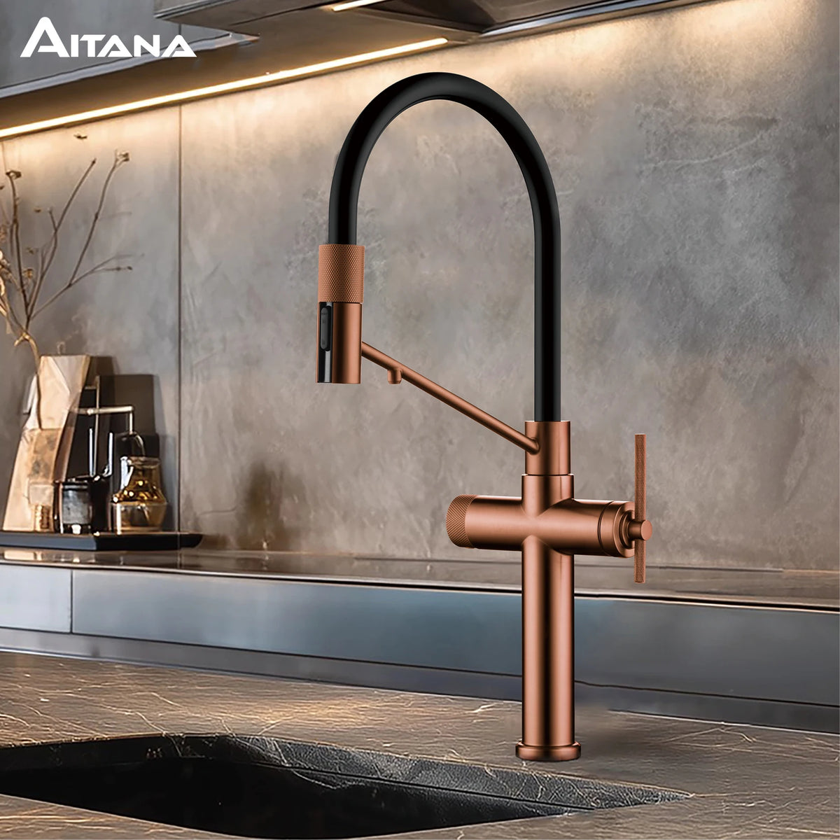 AITANA Brushed Rose Gold Pull-Out Kitchen Faucet with Luxury Drinking Water Mode 3 Function Hot & Cold Water Single Hole Sink Ta