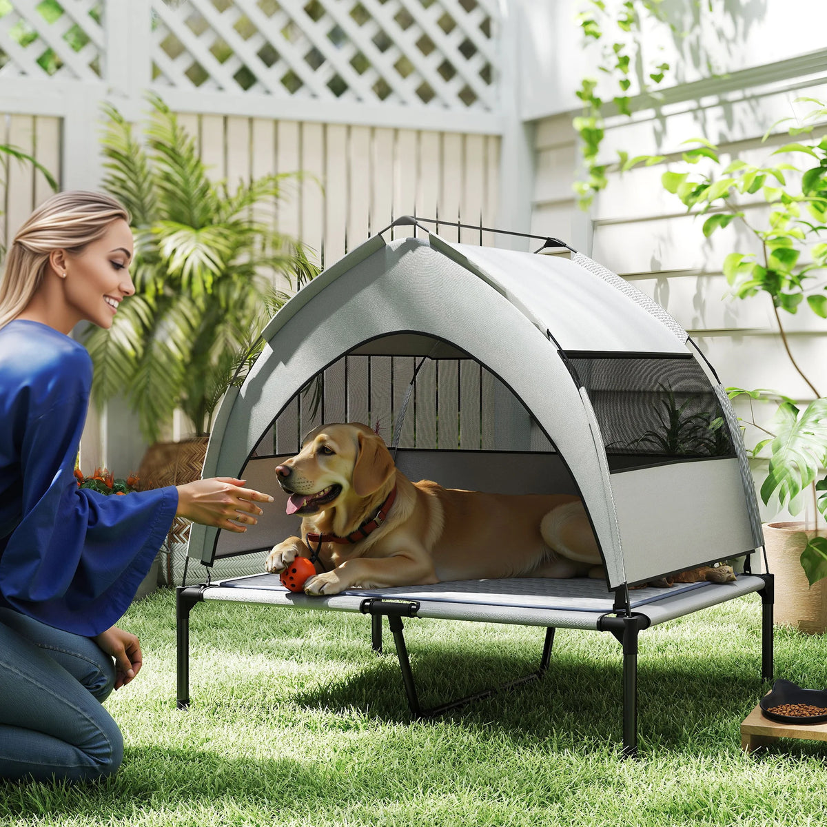 Portable Elevated Dog Bed with Removable Canopy Cooling Pad Storage Bag 36 X 29.5 X 35 Pet Cot for Outdoor Use