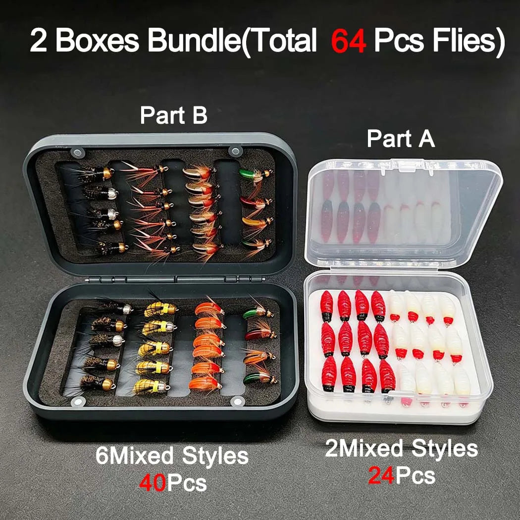 Fly Fishing Flies Kit, 2Boxes Bundle(Total 64Pcs Flies) Dry and Wet Flies, Nymphs, for Trout Bass Salmon with Flies Box