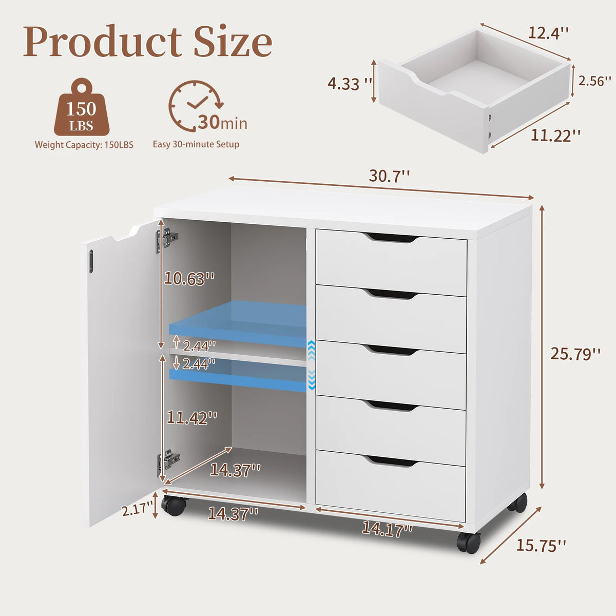 5 Drawer Wood Cabinet File Storage Cabinet with Adjustable Shelf Wheels Mobile Printer Stand for Home Office Study Room White