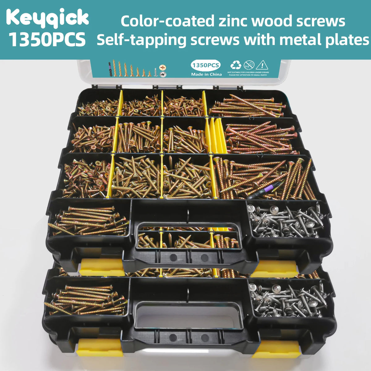 1350pcs Carbon Steel Phillips Wood Screws Assortment Kit, Flat-Head And Phillips Designs, Common Sizes M3.5/M4/M5/#8, Heavy Duty Self-Tapping Fasteners with Anti-Slip Matching Wrench, Sturdy Double Layer Storage Box, Hardware