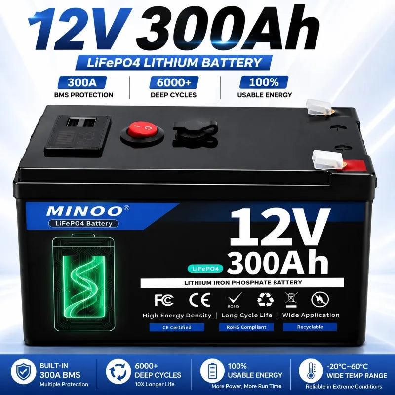 LiFePO4 12V 300AH 12V 200AH Battery Free Charger 12V Lithium Battery Built-In 300A BMS 6000+ Cycle For Solar RV Marine Energy