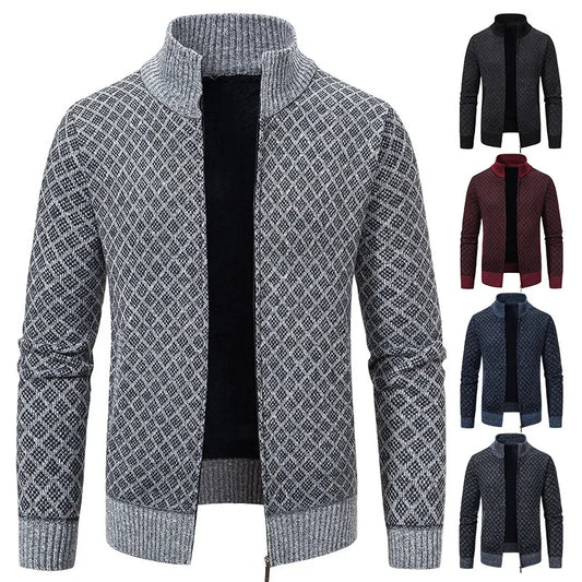 2026 Men's Casual High Collar Long Sleeve Knitted Top with Velvet Warmth for Autumn and Winter Fashion Multi Functional Jacket