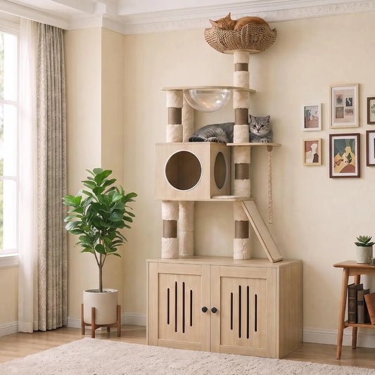 66.9-Inch Tall Cat Tree with Litter Box Enclosure, Cat Condo, Multi-Level Perches & Scratching Posts for Cats