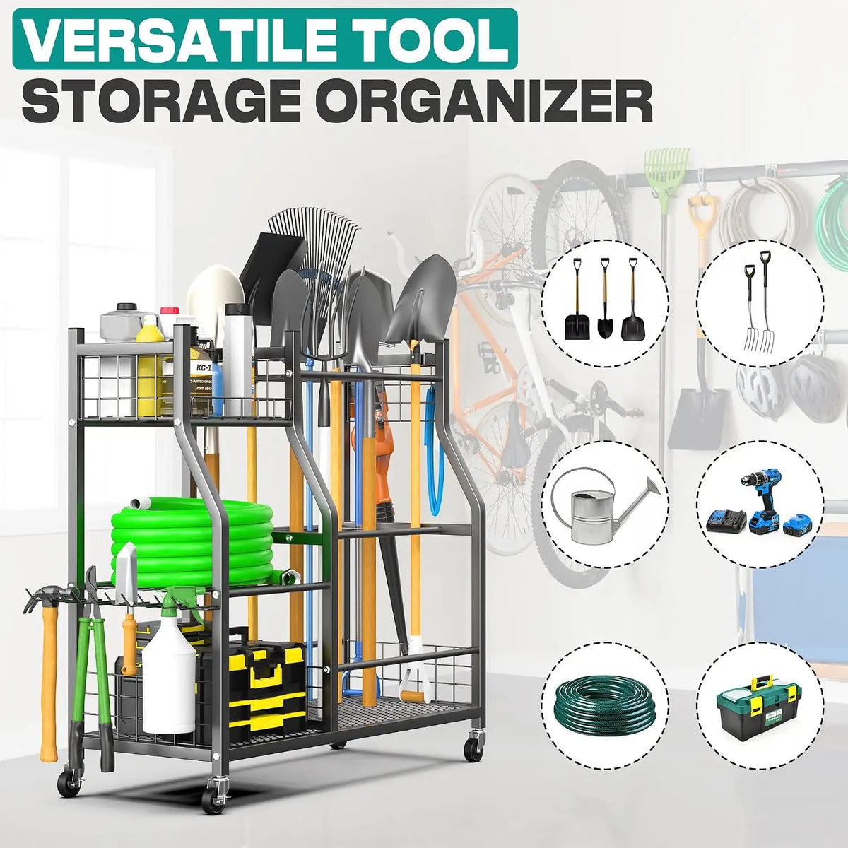 Garden Tool Organizer Stand, Garage Tool Storage Organization | Yard Tool Racks with lockable wheels, Fit for Long-Handled Tools/Rakes/Brooms