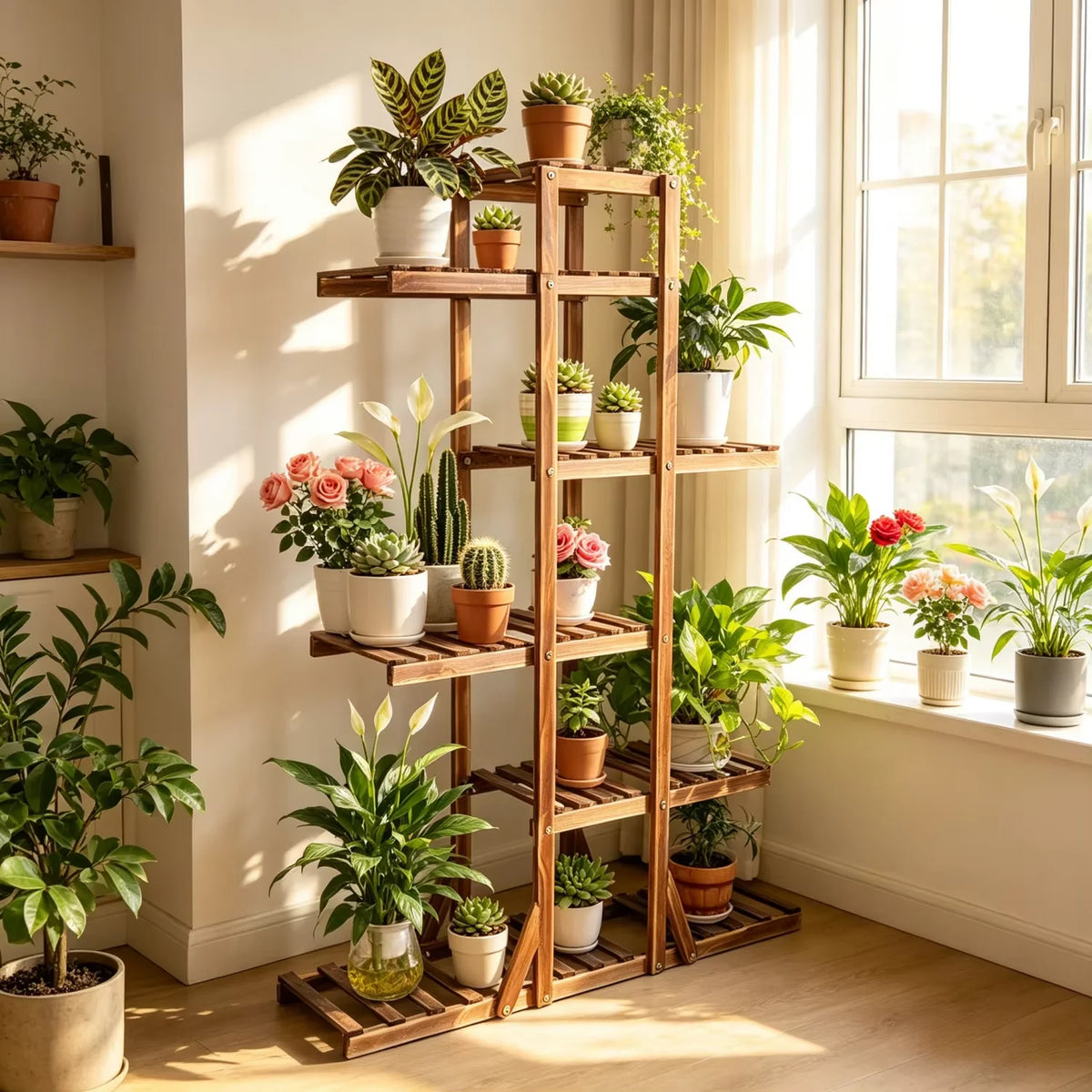 Various Styles Wood/Metal Plant Stand Flower Pots Display Holder Garden Shelf Shelving for Patio Balcony Living Room