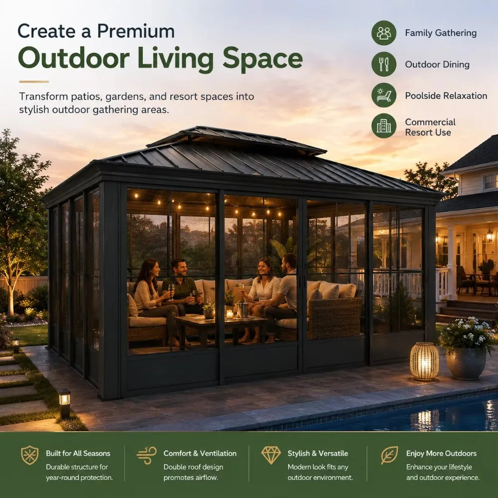 12x16 FT Heavy Duty Aluminum Patio Gazebo, Waterproof Windproof Canopy With Ventilated Sliding Doors Drainage System