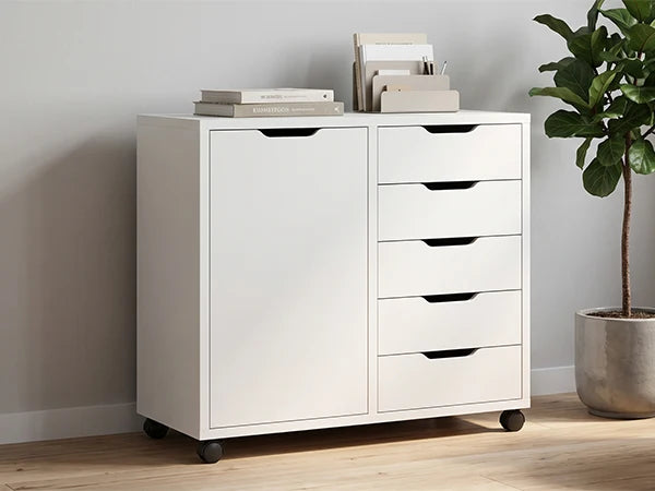 5 Drawer Wood Cabinet File Storage Cabinet with Adjustable Shelf Wheels Mobile Printer Stand for Home Office Study Room White