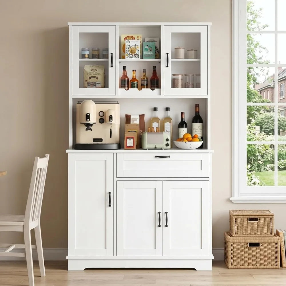 Vongrasig Kitchen Pantry Cabinet, Large Farmhouse Hutch with Microwave Stand, Tall Food Storage for Dining Room, White
