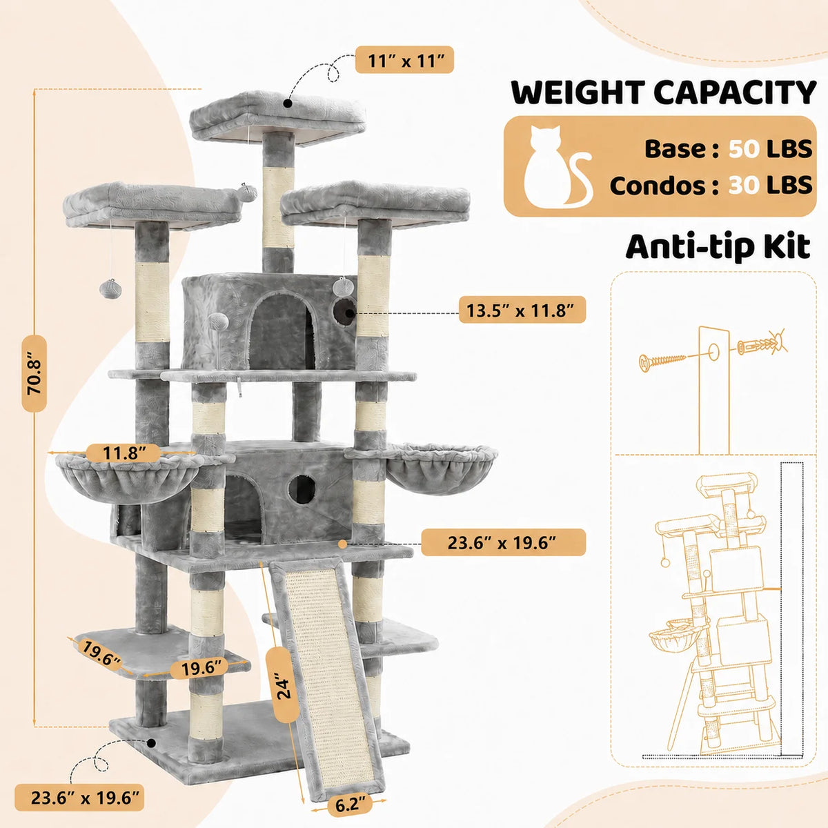 FOOWIN 173cm 68in Large Multi Level Cat Tree Tower Indoor Activity Center 2 Condos 3 Plush Perches Scratching Post Kitten Pet
