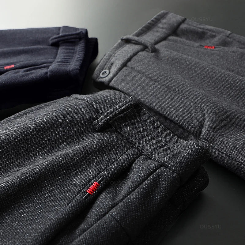 Autumn Winter Men's Casual Pants Solid Color Business Elastic Waist Slim Fit Stretch Thick Gray Black Blue Cotton Trousers Male