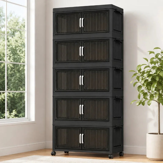5‑Tier Foldable Plastic Storage Cabinet with Rolling Wheels, Stackable Closet Organizer with Flap Doors, Multifunctional Dust‑Proof Storage Shelf for Bedroom Living‑Room Kitchen