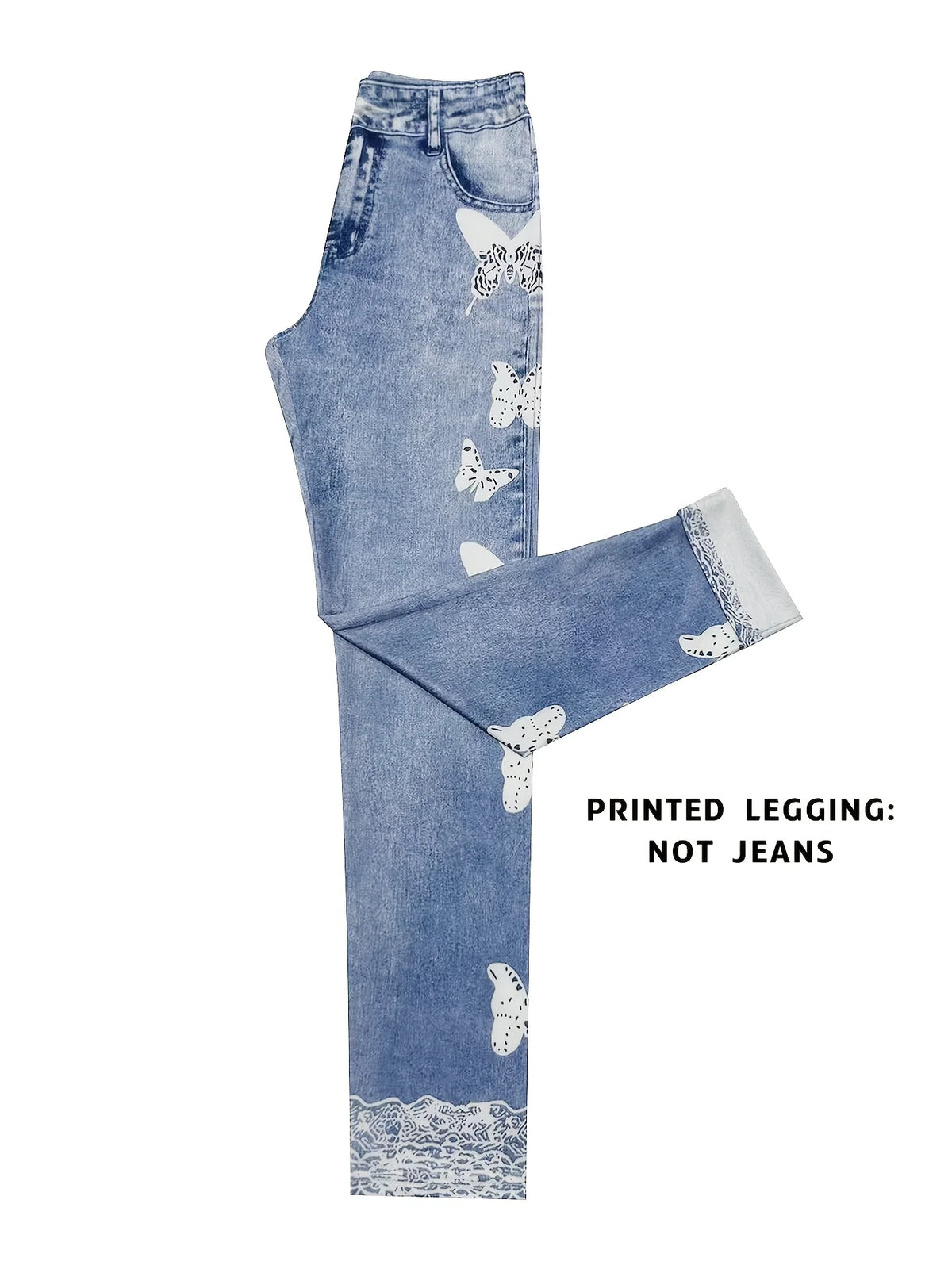 Women Printed Leggings Not Denim Fabric, Fake Pocket & Button Print Design Pants, High Elastic Fashion Slim Fit Skinny Casual