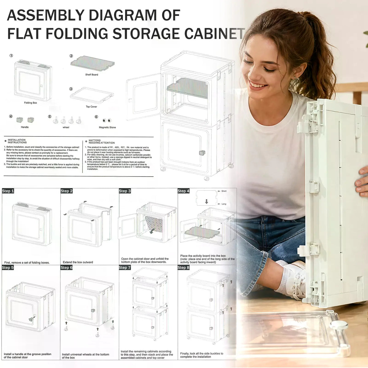 Nifogo Square Modern Collapsible 5-Tier Plastic Storage Bins with Lids - Stackable Organiser with Wheels, Clever Storage, Stacks to Save Room for Living Room, Office (157cm, White)