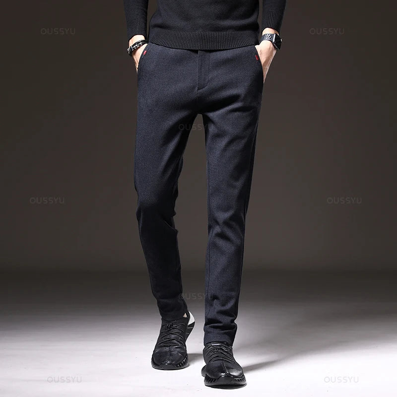 Autumn Winter Men's Casual Pants Solid Color Business Elastic Waist Slim Fit Stretch Thick Gray Black Blue Cotton Trousers Male