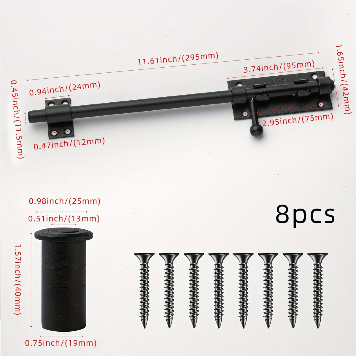 Sliding Bolt Latch Hardware：Cylindrical Bolt Latch，Heavy Solid 304 Stainless Steel，Black Surface，Applicable  Outdoor Latches