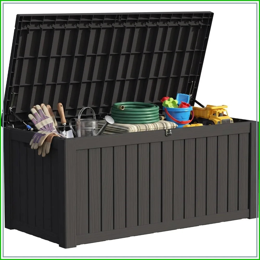 150 Gal Resin Deck Box Outdoor Storage Patio Cushions Garden Tools Black Hydraulic Pistons Weatherproof