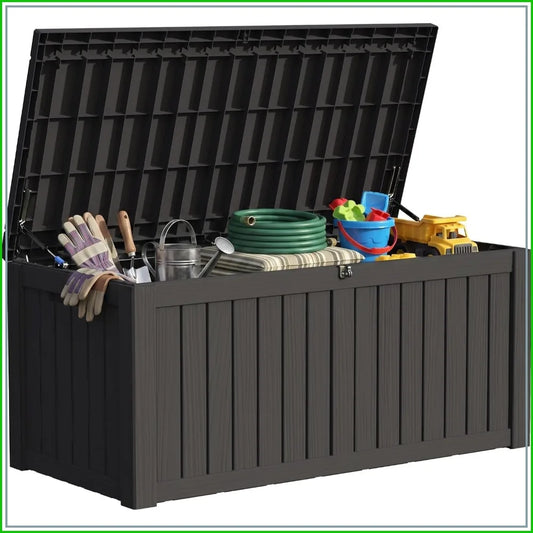 150 Gal Resin Deck Box Outdoor Storage Patio Cushions Garden Tools Black Hydraulic Pistons Weatherproof