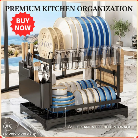 Double‑Layer Large‑Capacity Dish Drain Rack with Water Guide Plate Kitchen Countertop Bowl Cup Tableware Storage Organizer