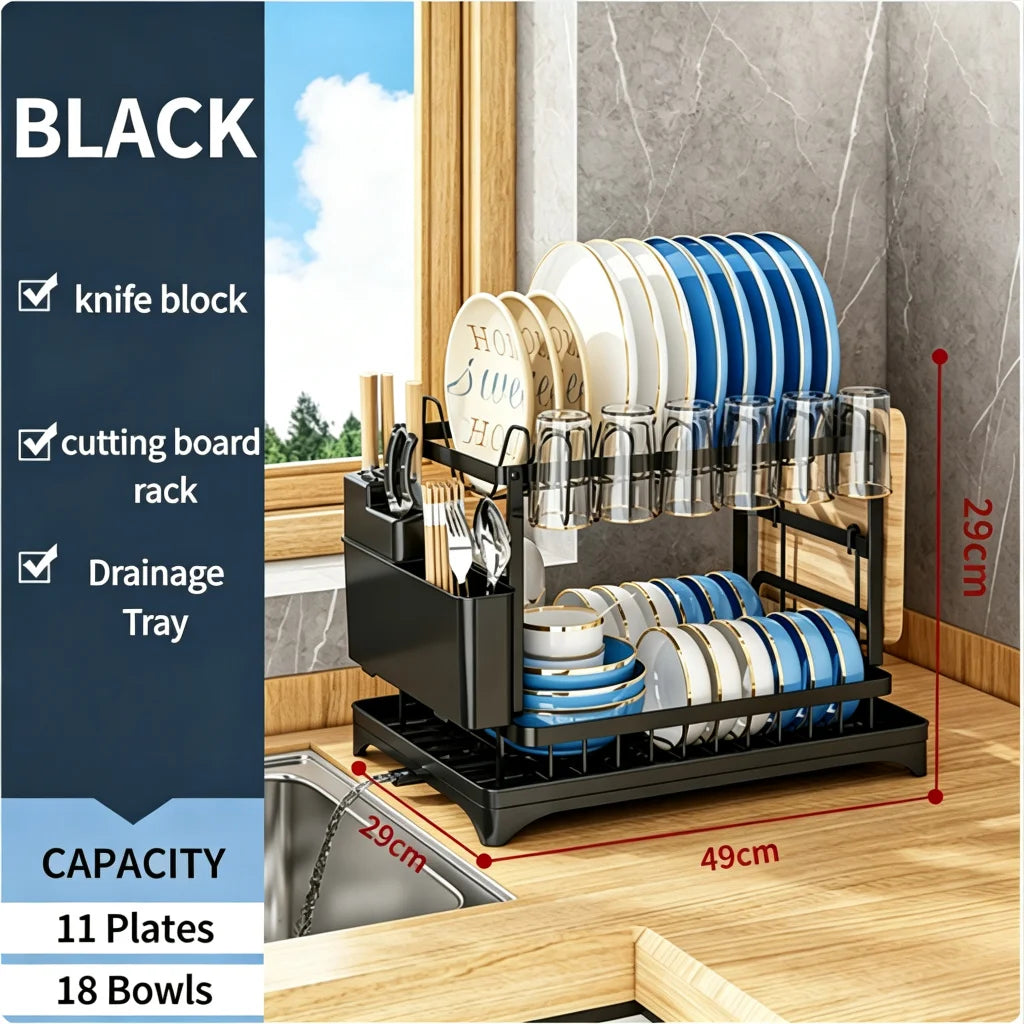 Double‑Layer Large‑Capacity Dish Drain Rack with Water Guide Plate Kitchen Countertop Bowl Cup Tableware Storage Organizer