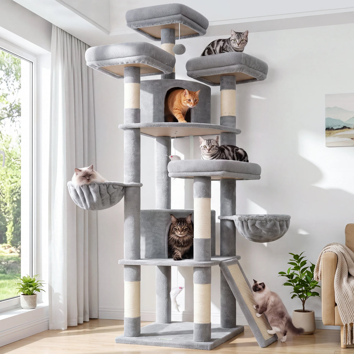 Globlazer  Large Cat Tree for Large Cats Multi-Level Big Cat Condo with Sisal Scratching Posts Hammocks