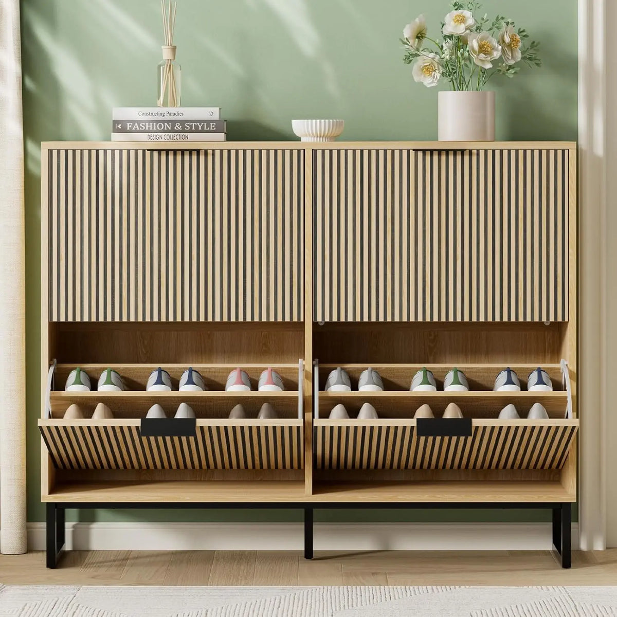 Shoe Cabinet Storage with 4 Flip Drawers, Narrow Hidden Shoe Organizer Cabinet for Entryway, Modern Freestanding, Customized