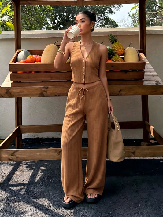 Women Ribbed Knit Co‑ord Set V‑Neck Crop Vest & Drawstring Wide Leg Pants Casual Two‑Piece Outfit