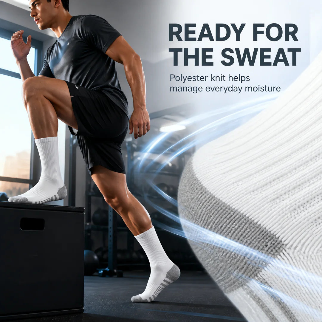 6 Pairs Crew Socks, Athletic Socks Men Women, Zoned Cushioning Socks, Ribbed Cuff Socks, Gray Heel Toe Socks, Striped Sole Socks, Performance Sports Socks, Breathable Running Socks, Everyday Casual Socks