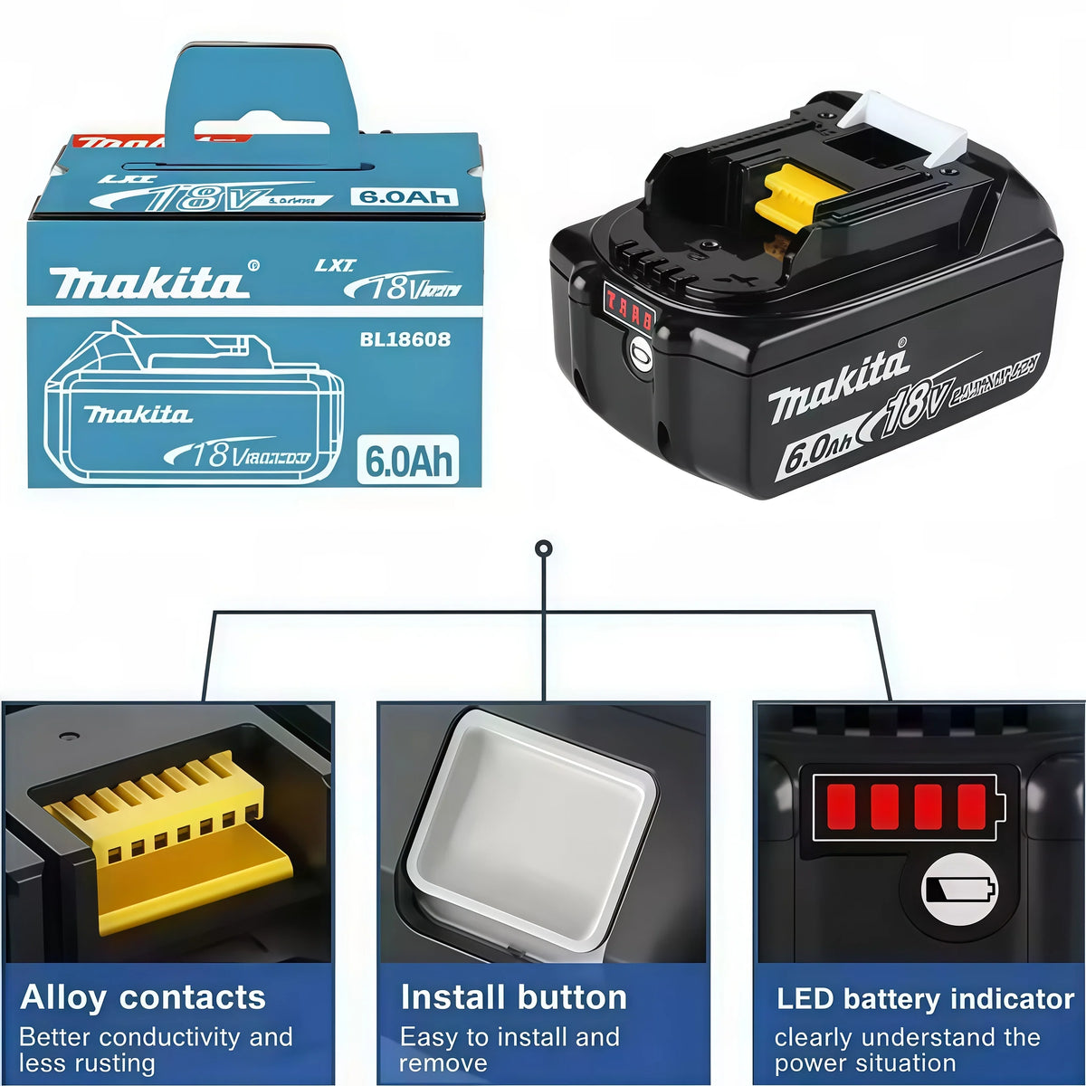 2026 New Makita 6Ah for Makita 18V Power Tool Battery BL1840 BL1830B BL1850B BL1850 BL1860 BL1815 Replacement Lithium Battery