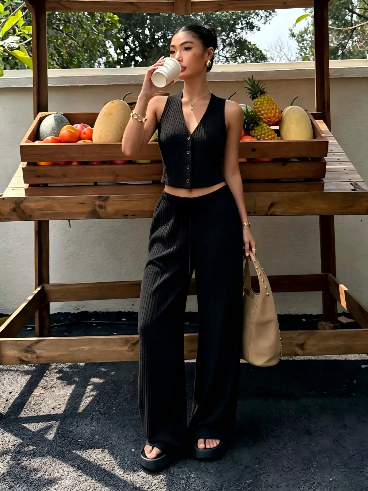 Women Ribbed Knit Co‑ord Set V‑Neck Crop Vest & Drawstring Wide Leg Pants Casual Two‑Piece Outfit