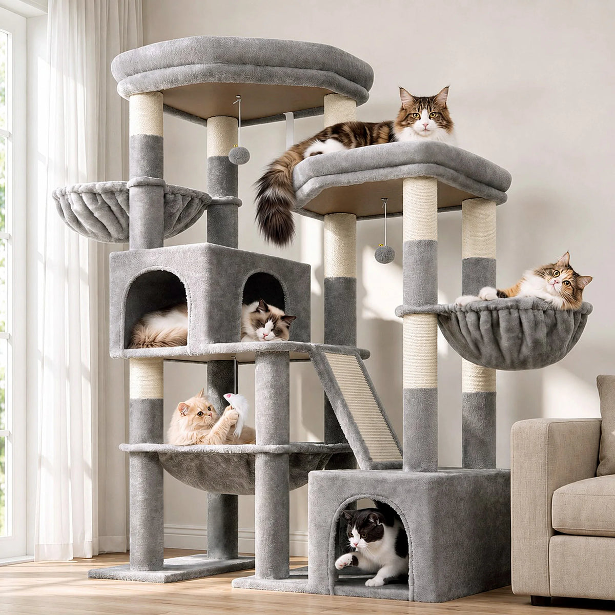 Globlazer 59" Multi-Level Cat Tower for 2-3 Cats, Large Cat Tree with 2 Condos, 3 Hammocks & Sisal Scratching Posts, Sturdy Indoor Cat Condo