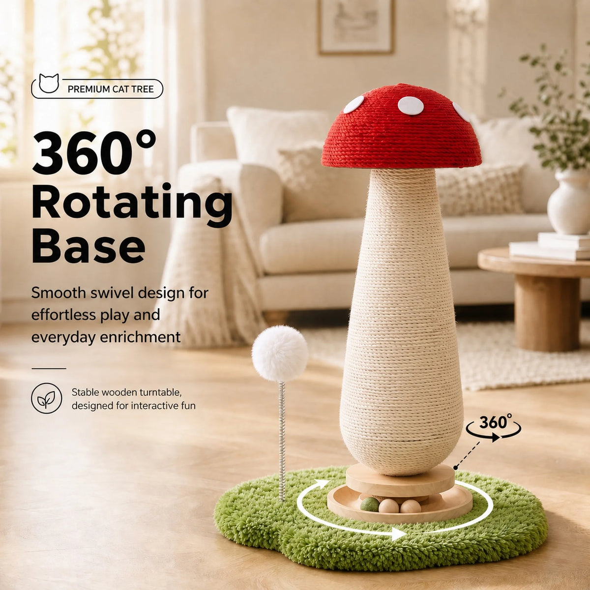 21'' Mushroom Cat Scratching Post with Sisal Rope & Interactive Turntable Ball, Compact Vertical Cat Tree for Small Spaces, Multi-Cat Homes, Apartment-Friendly Claw Protector