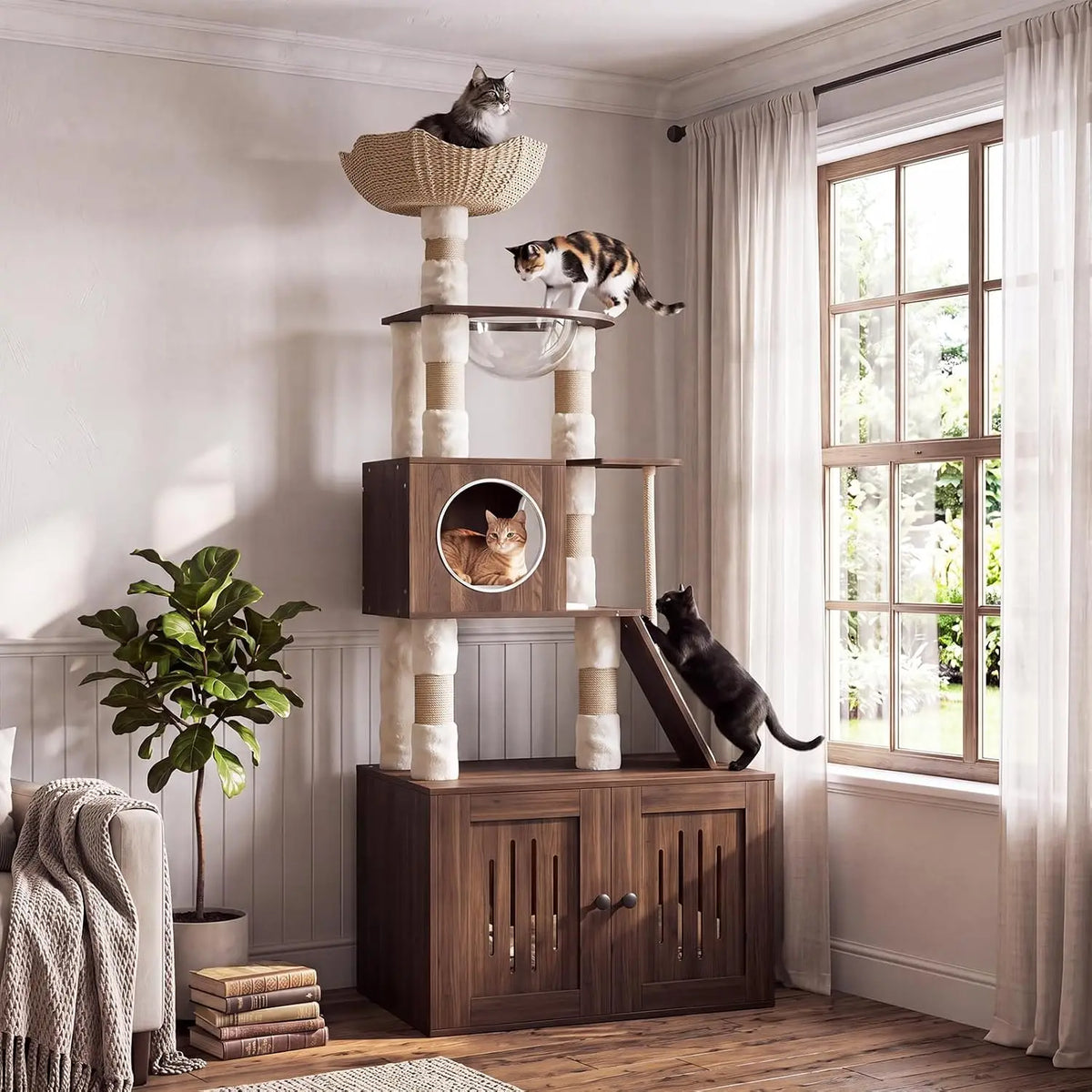66.9-Inch Tall Cat Tree with Litter Box Enclosure, Cat Condo, Multi-Level Perches & Scratching Posts for Cats