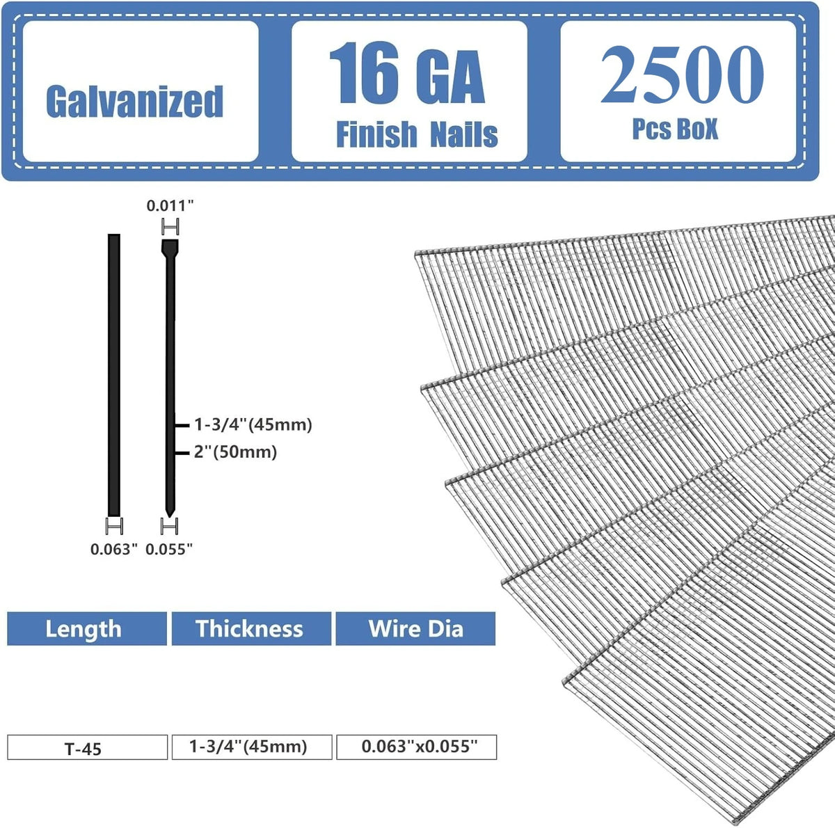 Straight Finish Nails, 16 Gauge, 900/1500/2500-Pack (1-1/2", 1-3/4", 2"), Galvanized, Assorted Size Project Pack