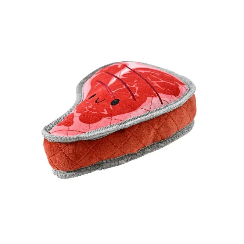 Multicolor Tough Steak Plush Dog Toy with Squeaker and Crinkle Paper, Chew Level 3