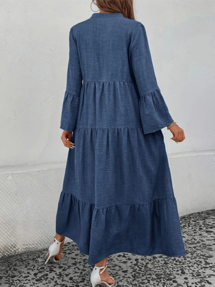 Simple V-neck Long Dress Button Solid Color Loose Long Dress Lady Trendy Elegant Long Skirt Trend Clothes For Lady High Street