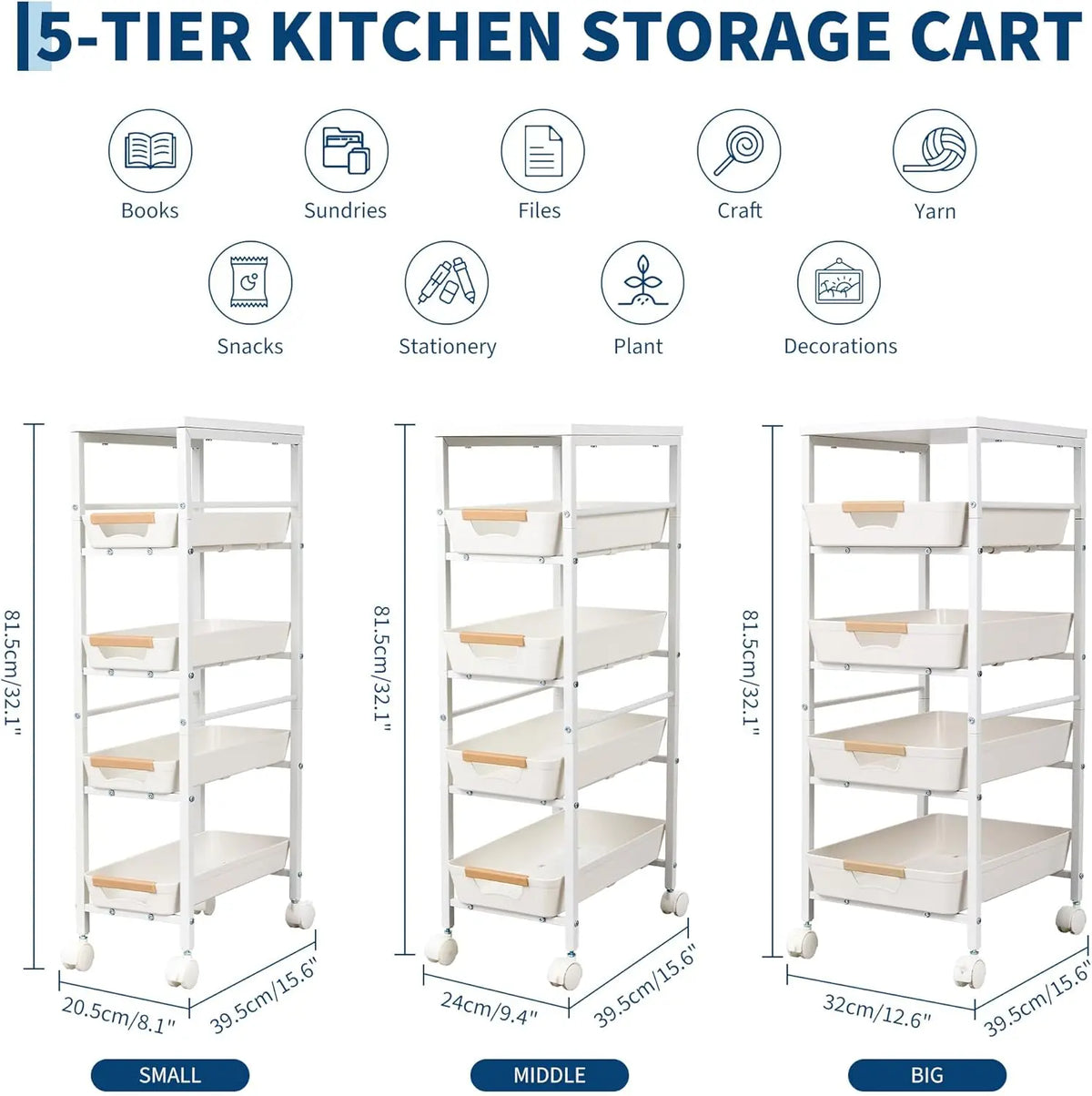 5-Tier Slim Rolling Storage Cart, Narrow Kitchen Cart with Wooden Top and Pull-Out Baskets, Mobile Shelving Unit Organizer for Kitchen, Bathroom, Laundry