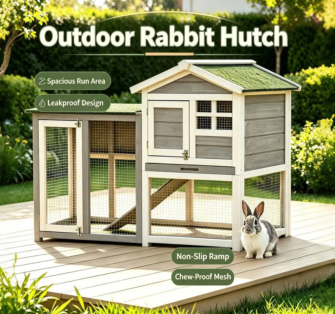 Garvee 48" 2‑Story Wooden Bunny Hutch Indoor 2-Tier With 3 Removable Trays Rabbit Cage Waterproof Roof Bunny House Outdoor Coop For Pig Small Animal Outdoor