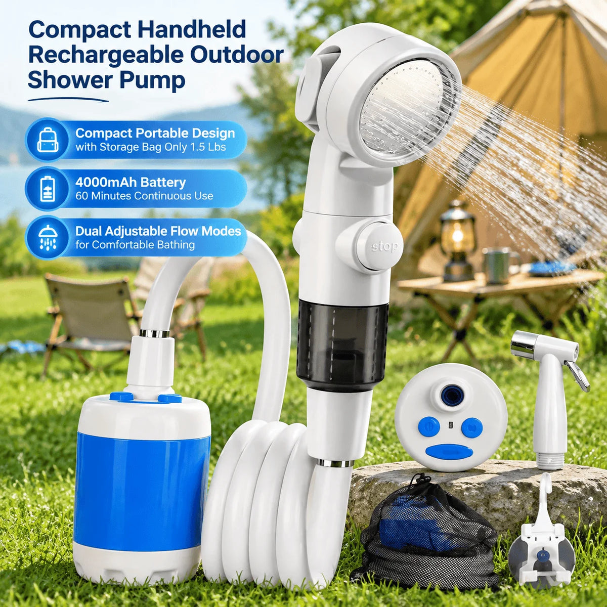 Portable Shower Camping Shower Pump Rechargeable Battery Powered Outdoor Travel Kit Portable Car Washer Camping Gear Pet Shower With Compact Portable Design Long Lasting Battery Dual Flow Modes Easy Tool Free Setup For Hiking