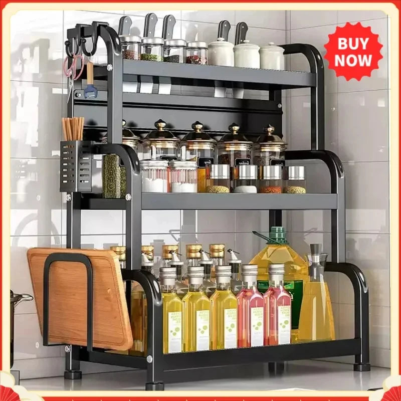Space-Saving 2-Tier Freestanding Spice Rack, Multifunctional Kitchen Countertop Storage Organizer for Seasoning & Condiment Jars