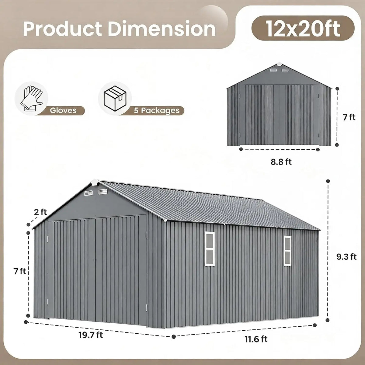12x20 FT Large Outdoor Metal Storage Shed, Galvanized Steel Utility Shed, Side Windows & Roof Vents, Weatherproof, Custom