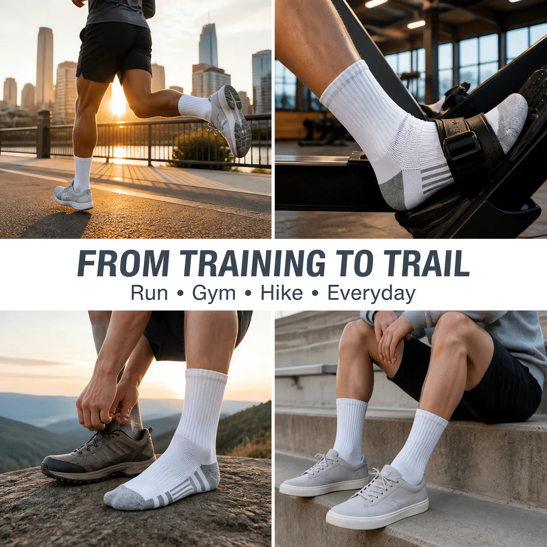6 Pairs Crew Socks, Athletic Socks Men Women, Zoned Cushioning Socks, Ribbed Cuff Socks, Gray Heel Toe Socks, Striped Sole Socks, Performance Sports Socks, Breathable Running Socks, Everyday Casual Socks
