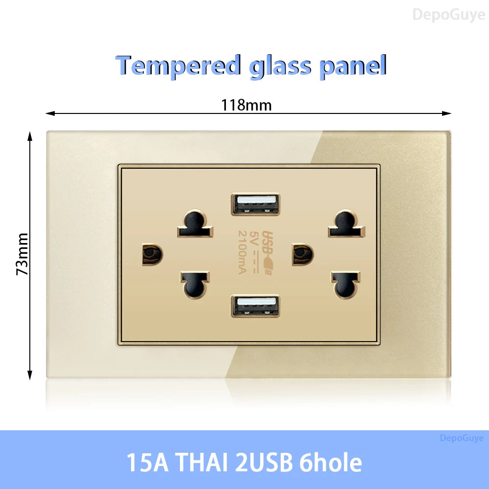 American Standard Dual Wall Usb Plug Socket, Household Mexico US Tempered Glass Light Switch Outlet Adapter Type-C Fast Charging