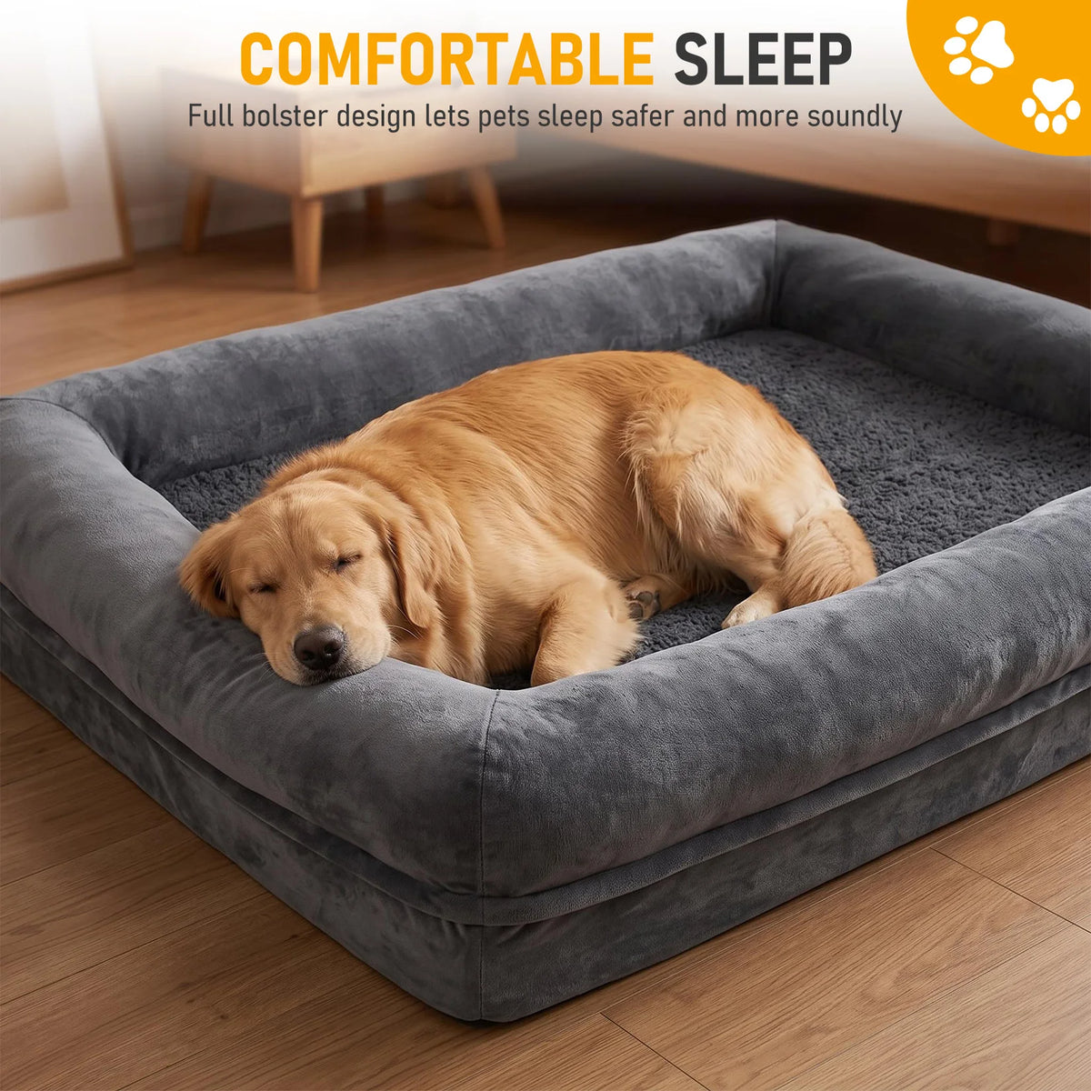 Orthopedic Bolster Dog Bed for Large Dogs, Washable Soft Rectangle Pet Bed with Raised Sides, Non-Slip Bottom Dog Sleeping Bed