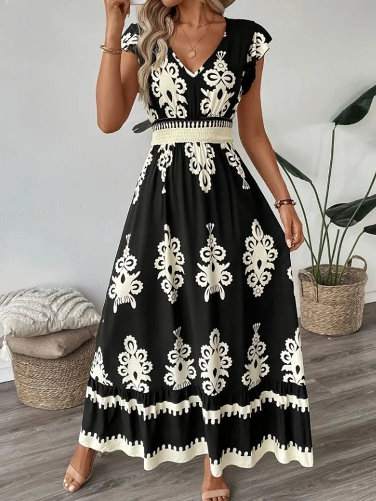Women Elegant V Neck Short Sleeves Dresses Geometric Pattern Vacation Style Floral Print Dress Beach Sundress Size S-XXL