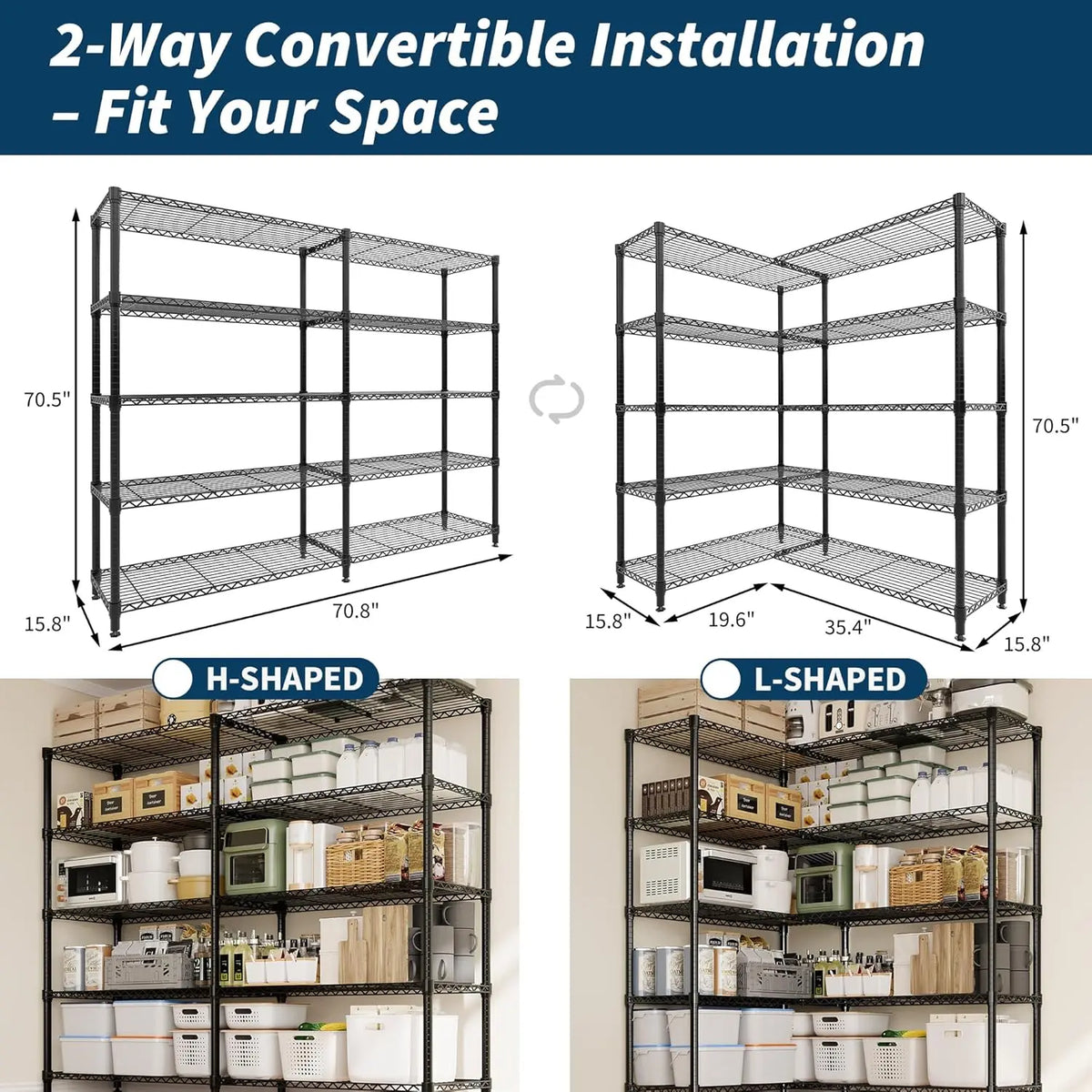 Storage Shelves 5-Tier 1325LBS Load Metal Garage Shelving Adjustable Heavy Duty Shelving Unit for Home Kitchen Office Garage 70.8" Wx15.8 Dx70.5 H