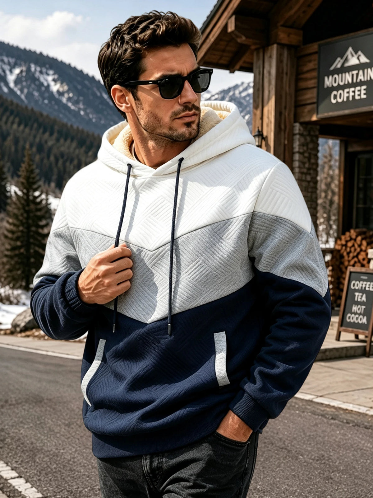 Men's Hooded Pullover Sweatshirt Sherpa Lined Chevron Colorblock Winter Warm Fleece Hoodie Sweatshirt Zipper Pockets Casual Daily Wear