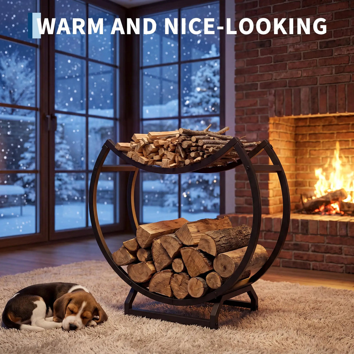 Round Firewood Rack Outdoor Indoor, Heavy Duty Wrought Iron Log Hoop Storage Holder, Circular Metal Wood Stacking Rack for Fireplace Fire Pit Hearth Patio Deck, Easy Tool-Free Setup